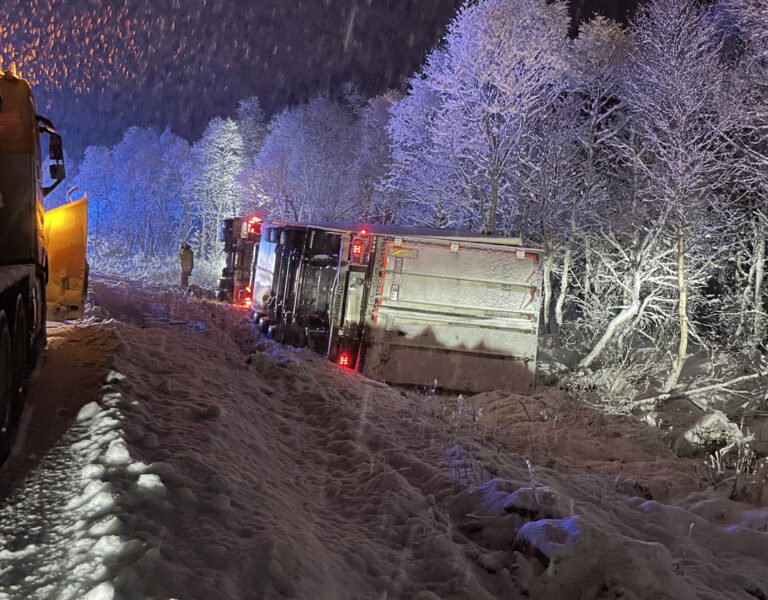 Semitrailer full av fisk veltet ved E134